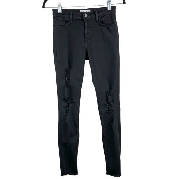 Frame Le High Skinny Low Rise Denim Jeans in Noir Jefferson Black Distressed 26 - Picture 2 of 16